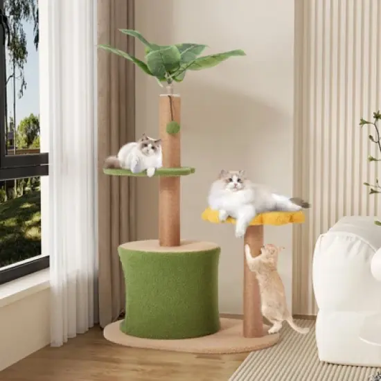 EROMMY 31.5" Cat Tree For Indoor Small Cats, Cute Sunflower Cat Tower, Scratching Post, And Leaf Platforms image {3}