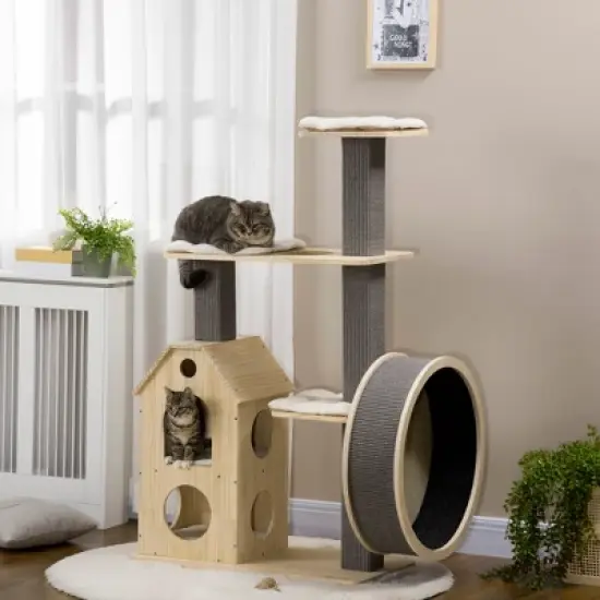 PawHut 53" Modern Cat Tree with Scratching Posts, Small Cat Tree with Double-Layer House, Small Cat Tower for Indoor Cat Furniture, Wooden Cat Tree image {2}