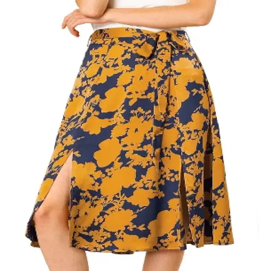 Allegra K Women's High Elastic Waist Belted Slit A-Line Midi Floral Print Skirt image {6}