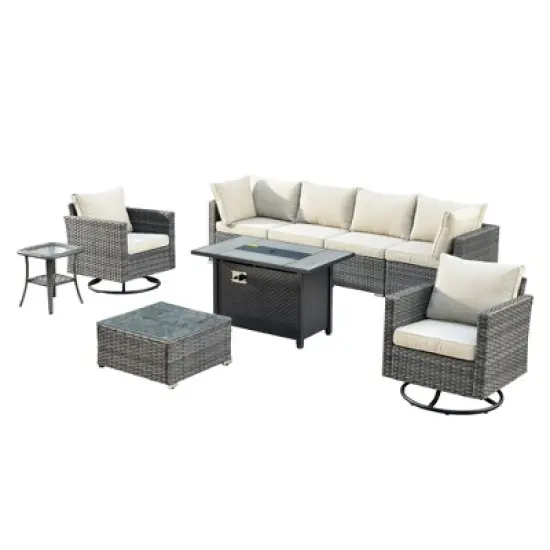 Ovios Venice 9pc Wicker Outdoor Patio Furniture Set Conversation Sofa with a Metal Fire Pit, Swivel Chairs and Cushions image {1}
