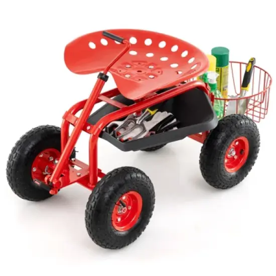 Tangkula Rolling Garden Cart Scooter w/ Adjustable Seat Storage Basket Tray Red image {9}