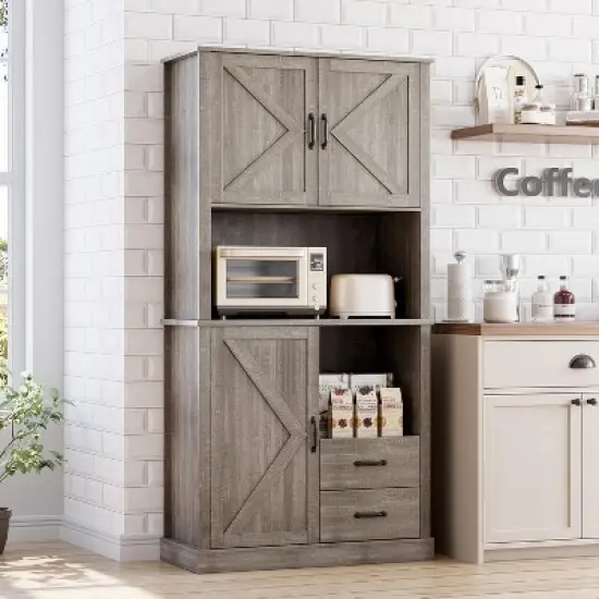 Modern Kitchen Pantry Cabinet with Microwave Stand, Tall Kitchen Hutch with Drawers & Adjustable Shelves image {1}