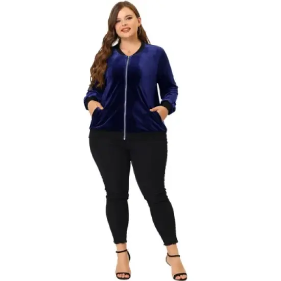 Agnes Orinda Women's Plus Size Velvet Zipper Slant Pocket Long Sleeve Casual Jackets image {2}