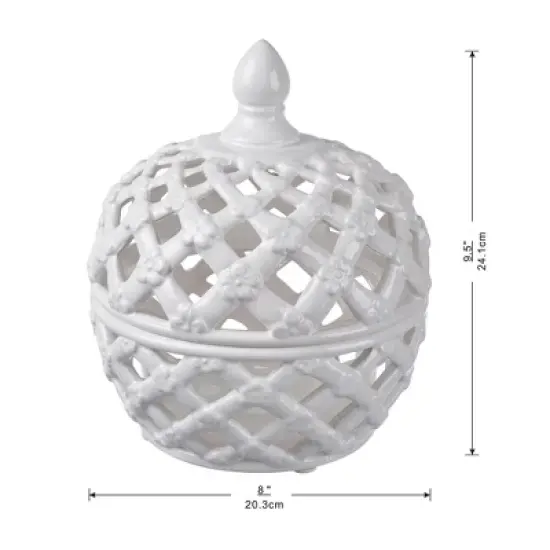 D8x9.5in White Ceramic Lidded Jar with Lattice Design image {7}