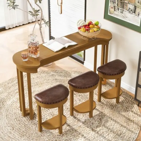 ORRD 4-Piece Bar Table Set with 3 PU Stools, Solid Wood Counter Height Dining Set for Kitchen, Living Room & Small Spaces,Espresso image {9}