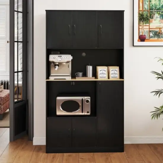 Costway 71" Tall Kitchen Pantry Cabinet with Charging Station Microwave Stand & Doors Black/White image {3}