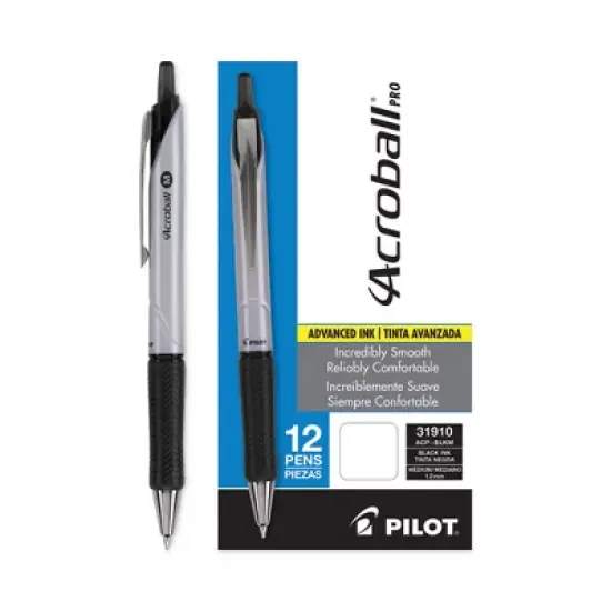 Pilot Acroball Pro Advanced Ink Hybrid Gel Pen, Retractable, Medium 1 mm, Black Ink, Silver/Black Barrel, Dozen image {2}
