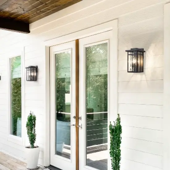 C Cattleya 13.5" 3-Light Matte Black Outdoor Hardwired Wall Lantern Sconces with Water Ripple Glass image {3}