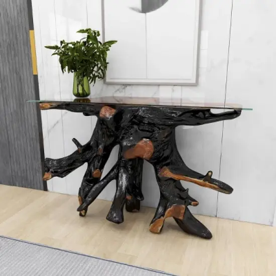 Contemporary Teak Wood Console Table Gold - Olivia & May image {12}