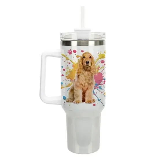 100 North 40 Ounce Stainless Steel Double Wall Insulated Glitter Travel Tumbler With Handle, Straw, and Lid, Cocker Spaniel Dog White image {5}