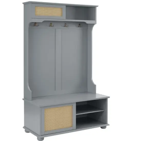 TIRAMISUBEST Casual Hall Tree with Rattan Doors & Shoe Storage - Gray Entryway Organizer Bench image {7}