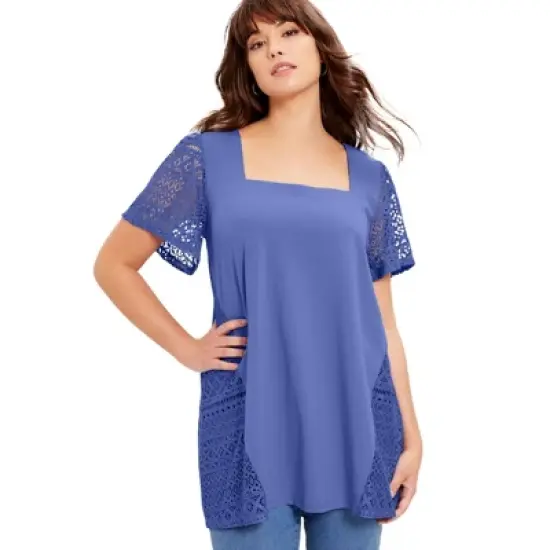 June + Vie by Roaman's Women&rsquo;s Plus Size Short-Sleeve Lace Tunic image {1}