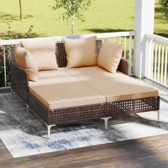 Costway Outdoor Patio Daybed PE Rattan Sunbed with Sponged-Filled Pillows and Cushions Brown/Navy image {10}