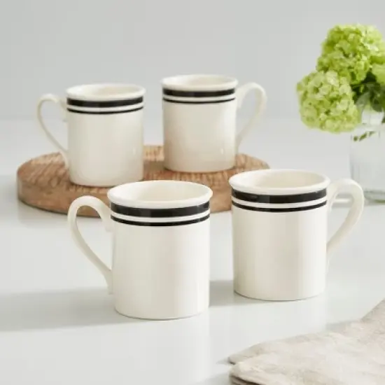 Portmeirion Potter's 9oz Stripe Breakfast Mug, Set of 4, Elegant Earthenware Tea Mugs with Handle for Coffee Lovers, Classic Stripe Design - Black image {7}