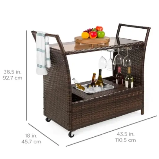 Best Choice Products Wicker Outdoor Rolling Bar Cart w/ Ice Bucket, Glass Countertop, Glass Holders, Storage - Brown image {6}