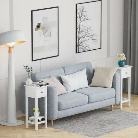 Costway 2PCS 2 Tier End Bedside Sofa Side Table with Drawer Shelf Acacia Wood Nightstand White image {3}