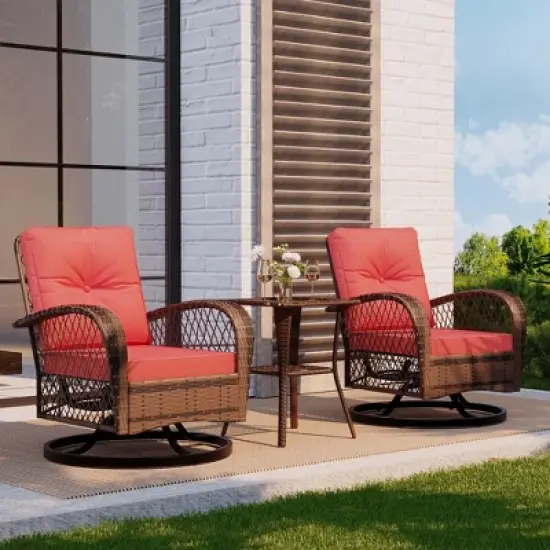 3 Pieces Patio Wicker Glider Chairs, Outdoor Swivel Rockers Patio Chairs Set of 2 image {1}
