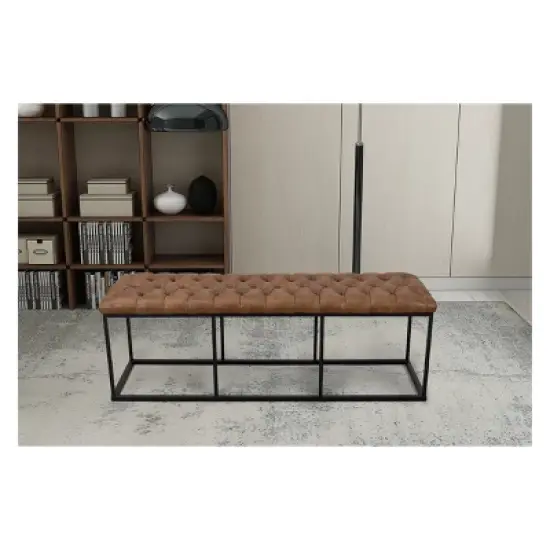52.25" Draper Large Decorative Bench with Button Tufting Light Brown Faux Leather - HomePop image {7}