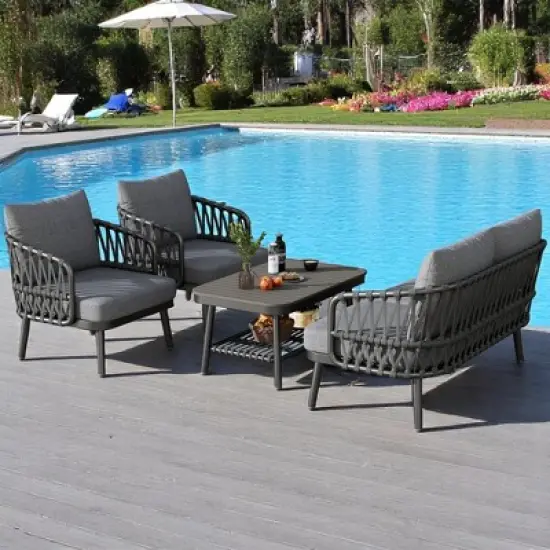 4-Piece Outdoor Conversation Set with Woven Rope U-Shaped Backrest, Acacia Wood Coffee Table, Water-Repellent Cushions image {5}