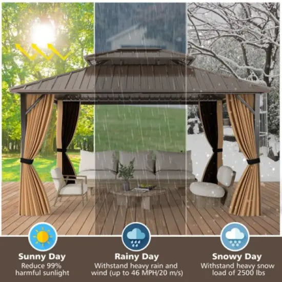 Tangkula 14 x 12 FT Hardtop Gazebo w/ Netting Heavy-Duty Double-Roof Galvanized Metal Top image {4}