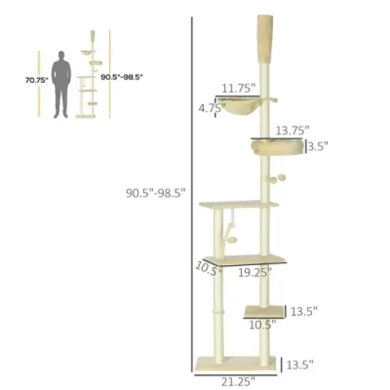 SKYONE Beige Floor-to-Ceiling Cat Tree with Adjustable Height, Multiple Platforms, Bed, Hammock, image {1}