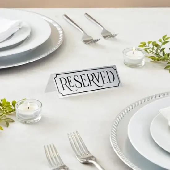 Juvale 12-Pack Small Metal Reserved Table Signs for Wedding, Restaurant, Seating Reservation, Etched Silver Design, 5X2X1 in image {1}
