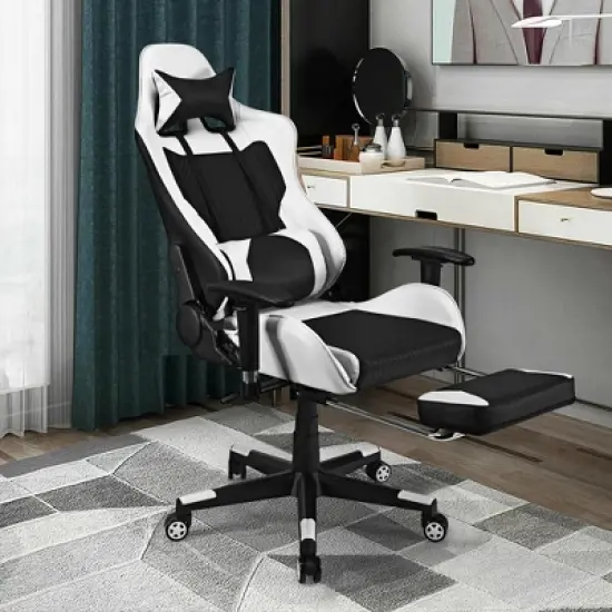 Costway Massage Gaming Chair Reclining Racing Office Computer Chair with Footrest White image {3}