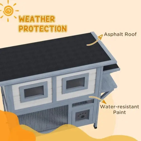 ORRD PawHut 2-Tier Outdoor Cat House, Weatherproof Feral Shelter w/ Escape Door, Asphalt Roof, Jump Platform, Light Gray image {4}