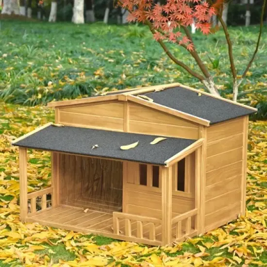 Wooden Dog House, Dog Crate For large dog breeds, Cabin Style Raised Dog Shelter with Asphalt Roof image {2}