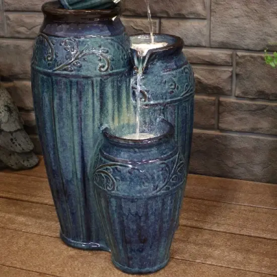 Sunnydaze 27"H Electric Ceramic Dark Turquoise Tour de Vase Outdoor Water Fountain with LED Lights image {7}