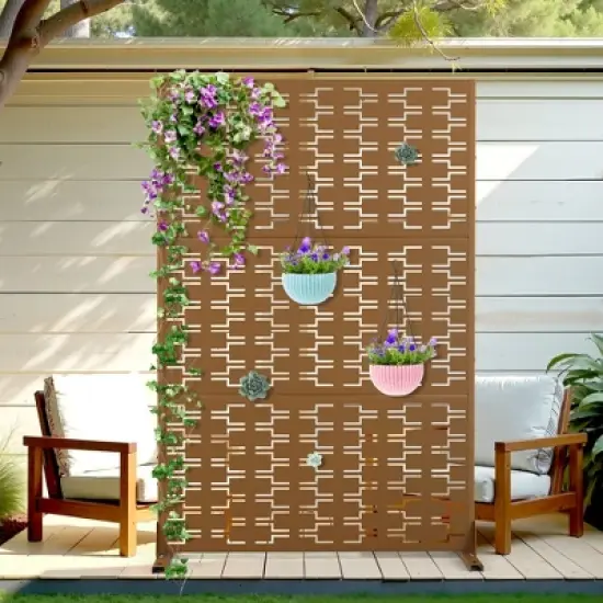 TOAOTBNBO Metal Privacy Screen with Stand, Decorative Privacy Fence Panels with Brick Pattern, Outdoor Privacy Screen for Garden, Brown image {7}
