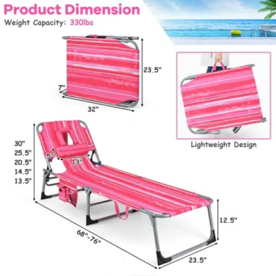 Tangkula Lounge Chair Beach Chair w/ Face Arm Hole Detachable Pillow Adjustable Backrest Side Pocket Outdoor Folding Chaise Sunbathing Chair Hot Pink image {8}