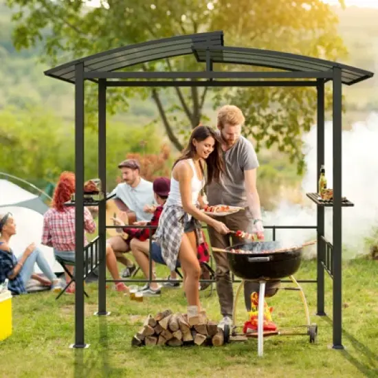 Costway 8' X 5' Hardtop Grill Gazebo with  Vented Polycarbonate Roof Side Shelves Hooks image {3}