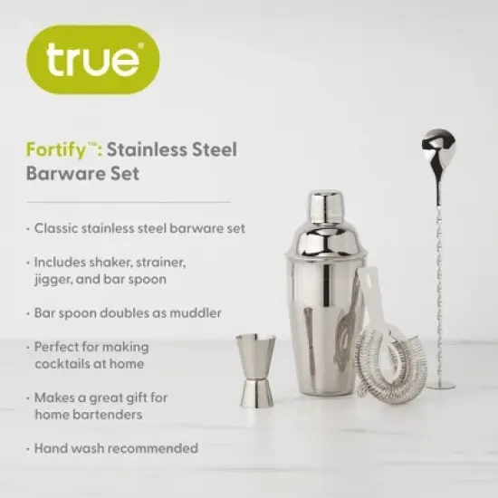 True Fortify Barware Set, Cobbler Shaker, Jigger, Muddler, Bar Spoon Stick, Hawthorne Strainer image {1}