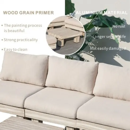 Moda Furnishings 3-person Outdoor Patio Aluminum Wood Grain Seating Group With Beige Cushions image {6}