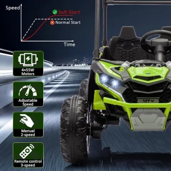 24V Kids Ride On UTV, 2 Seater 4WD Electric Truck with Sun Shade, Remote Control, Led Lights, 4 Shock Absorbers,3 Speeds,Horn image {1}