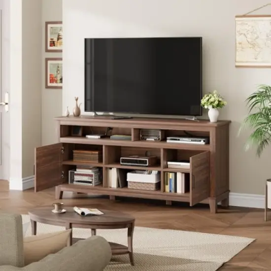 65" TV Stand Entertainment Center with Adjustable Shelves & 8 Storage Compartments, Semi-Open Double Door Cabinet for Living Room, Bedroom image {2}