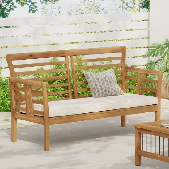 Christopher Knight Home Caydon Outdoor Acacia Wood Loveseat with Cushions, Brown/Cream image {9}