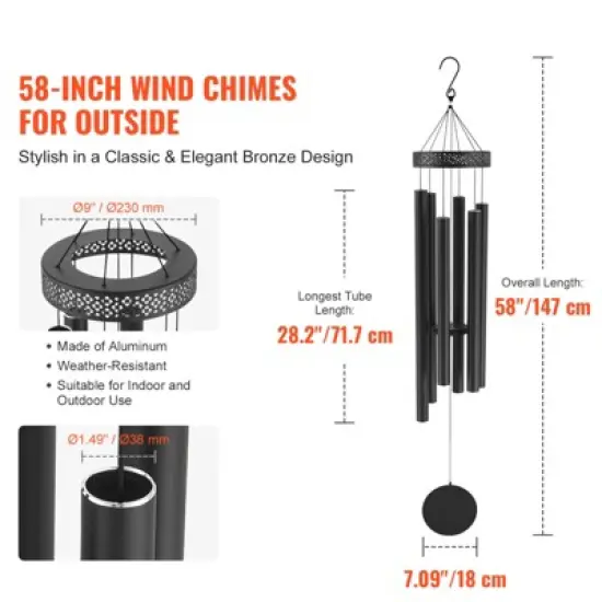 VEVOR Wind Chimes for Outside, 58 in, Deep Tone Wind Chimes with 6 Tubes, Unique Large Memorial Wind Chimes for Anniversary, Amazing Outdoor Decor image {2}