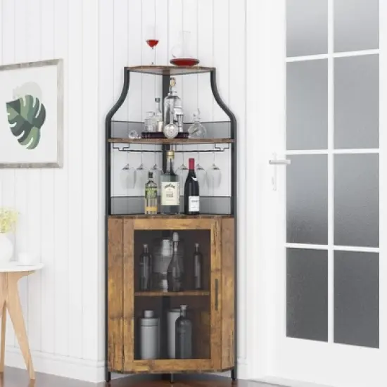 5-Tier Corner Bar Cabinet with Glass Holder & Barn Door, Farmhouse Liquor Storage with Adjustable Shelf for Kitchen, Dining Room, Home Bar, Retro image {6}