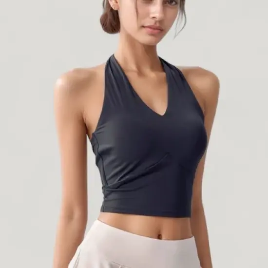 Anna-Kaci Active Women's Halter Neck Fitted Crop Top with Soft Stretch Fabric and Contoured Waist image {4}