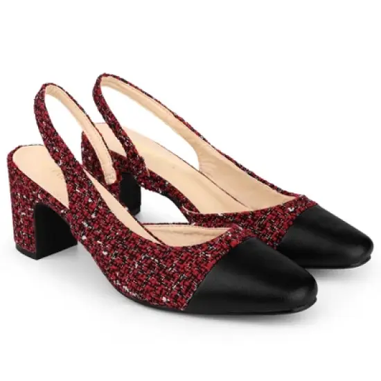 Allegra K Women's Plaid Cap Toe Slingback Chunky Heel Pumps image {2}