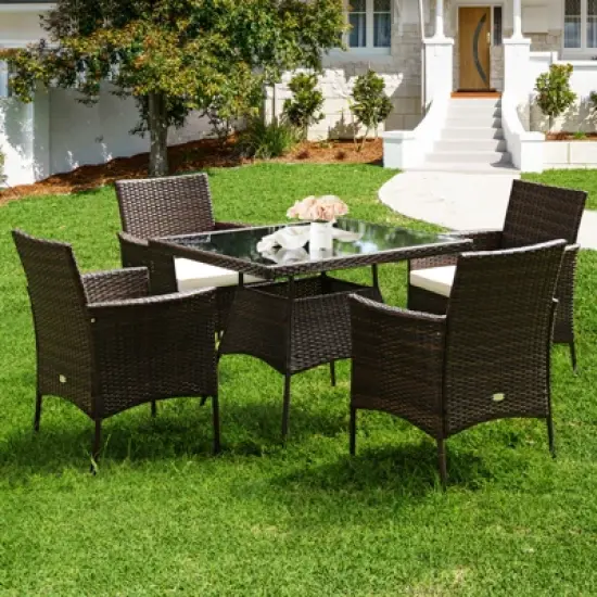 Tangkula 5 PCS Outdoor Rattan Dining Set Patio Wicker Conversation Set w/Cushioned Chair & Glass Table image {1}