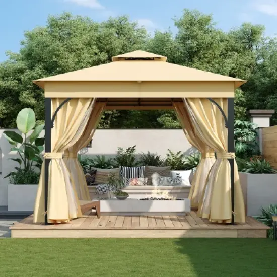 Patio Metal Gazebo with Double Roof and Netting,Outdoor Patio Hardtop Gazebo with Curtains,Patio Canopy for Garden,Deck-Coolbibila image {1}