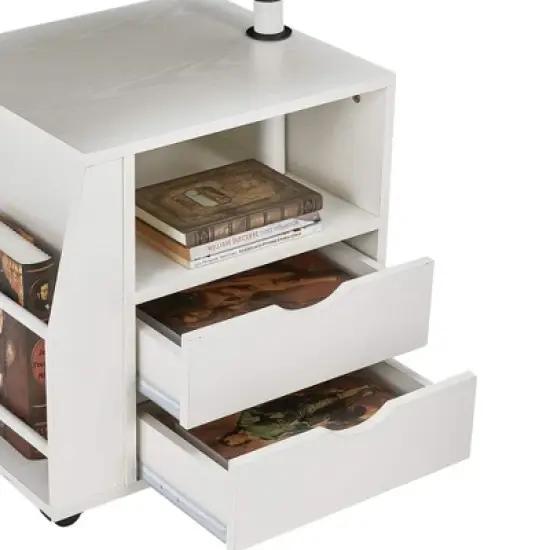 EROMMY 360 Degree Swivel Top Adjustable Height Bedside Nightstand End Table with Storage Drawers, Shelves, Lockable Wheels, & Computer Baffle, White image {1}