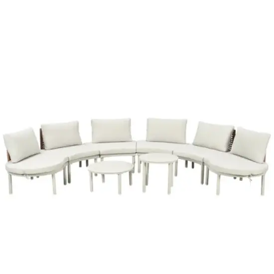 FIONECA 8-Piece Half Moon Outdoor Sectional Sofa Set with 2 Coffee Tables, Beige PE Wicker Patio Furniture with Cushions & 6 Pillows image {7}