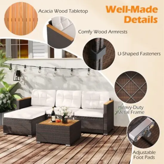 Tangkula Set Of 5 Outdoor Patio Furniture Set L Shaped Rattan Cushioned Chairs & Coffee Table Set Outdoor Sectional Sofa with Wood Armrests & Tabletop image {2}