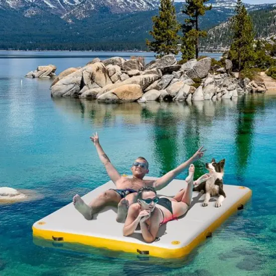 Outsunny 6' x 6' Water Inflatable Floating Dock, Rafting Platform Island, Large Mat  with Air Pump & Backpack, for Pool, Beach, Ocean, Yellow image {2}
