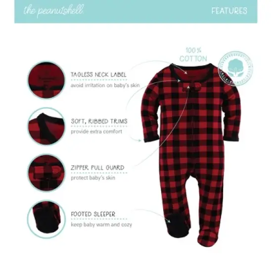 The Peanutshell Footed Baby Sleepers for Boys or Girls, Buffalo Plaid & Woodland, 3-Pack, Newborn to 12 Month Sizes image {1}