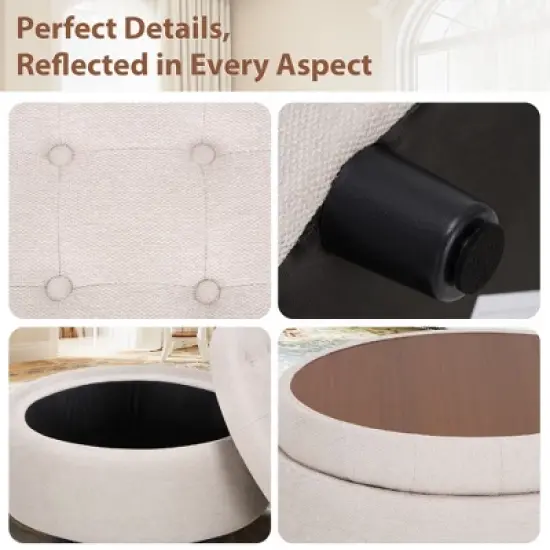Round Fabric Storage Ottoman with Reversible Tray Lid &ndash; 3-in-1 Footrest, Hidden Storage, Small Coffee Table &ndash; 25&rdquo;x25&rdquo; image {5}